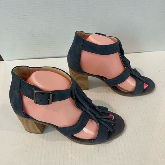 SOLE SOCIETY Women's Delilah Suede Leather Fringe Block Heel Sandal Shoes Blue 9 - Picture 3 of 12
